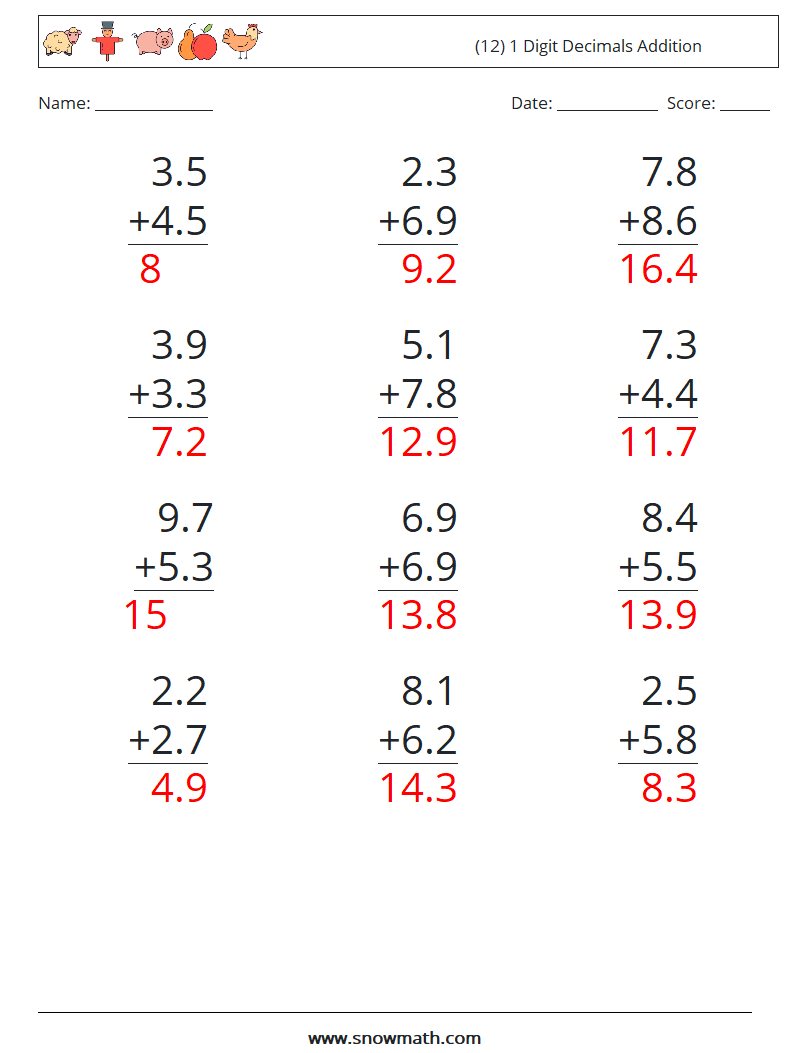 (12) 1 Digit Decimals Addition Math Worksheets 16 Question, Answer