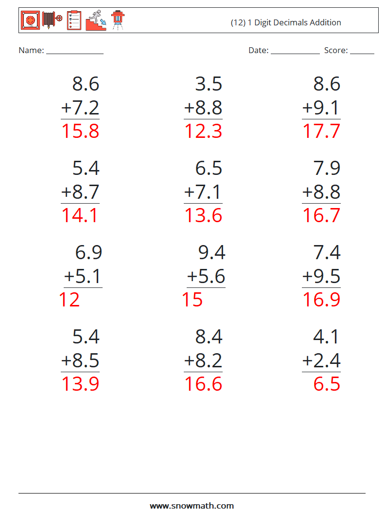 (12) 1 Digit Decimals Addition Math Worksheets 18 Question, Answer