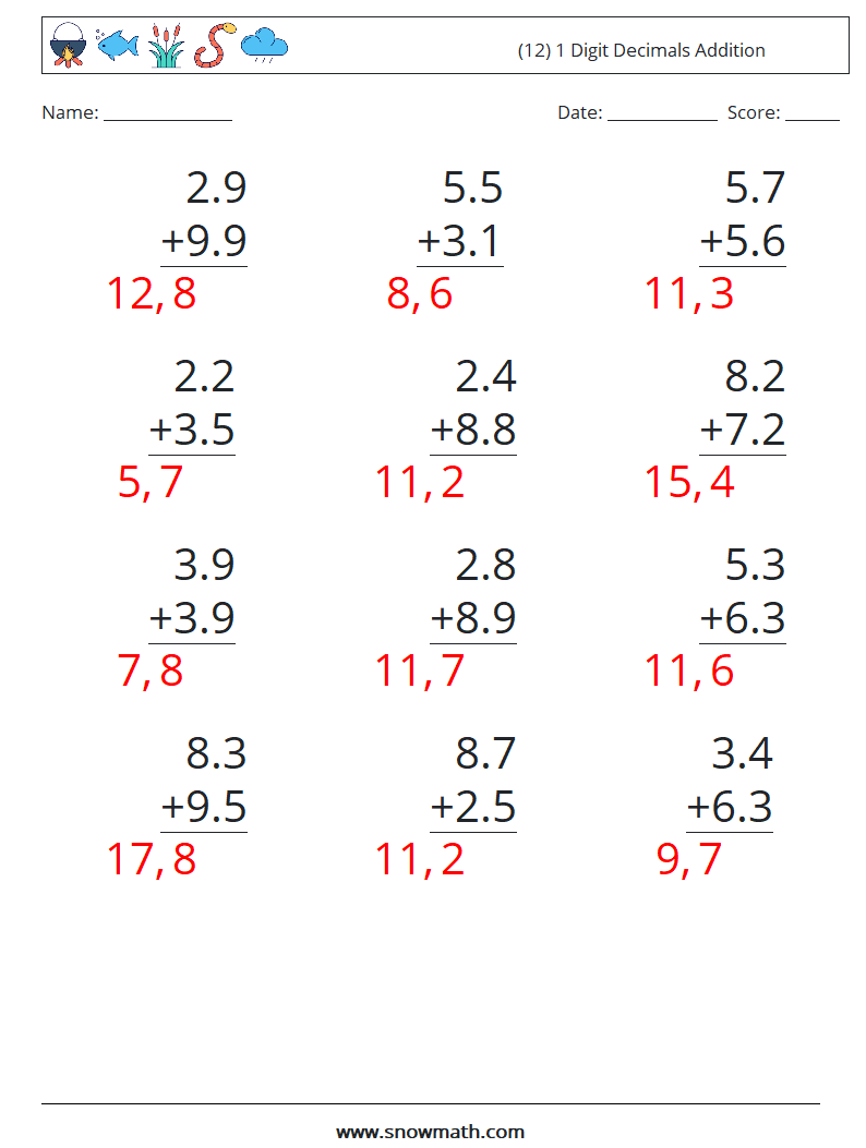 (12) 1 Digit Decimals Addition Math Worksheets 1 Question, Answer