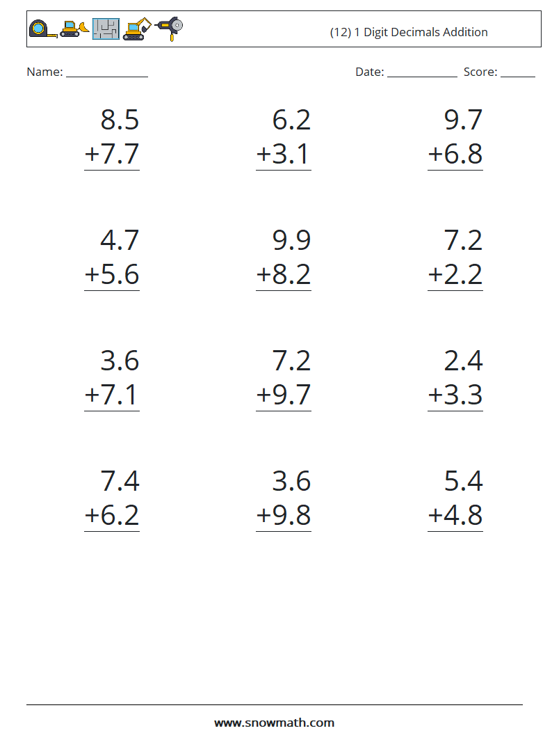 (12) 1 Digit Decimals Addition Maths Worksheets 6