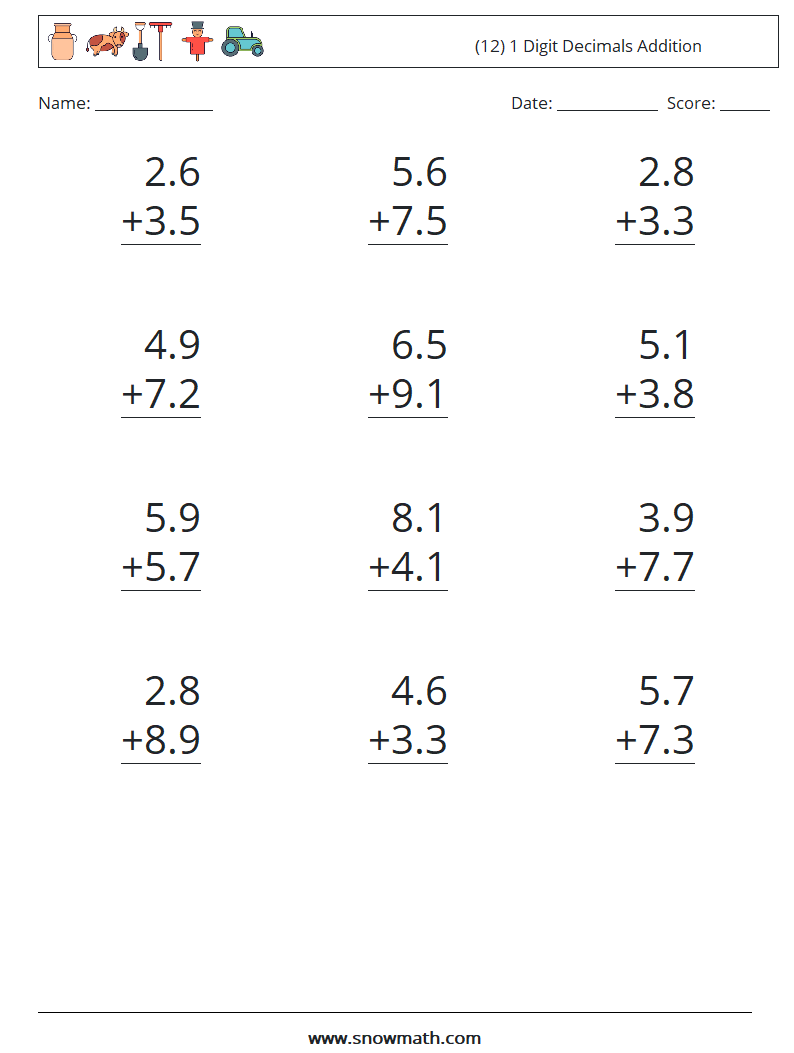 (12) 1 Digit Decimals Addition Maths Worksheets 9