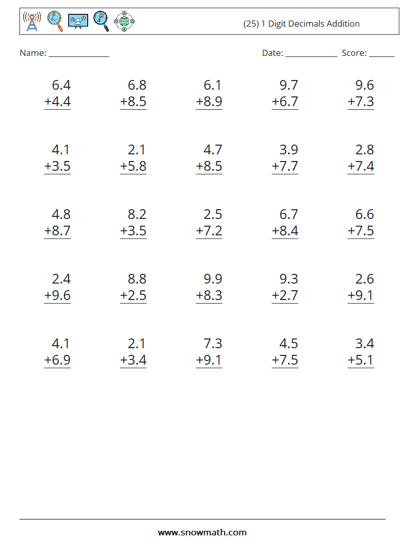 (25) 1 Digit Decimals Addition Math Worksheets 6