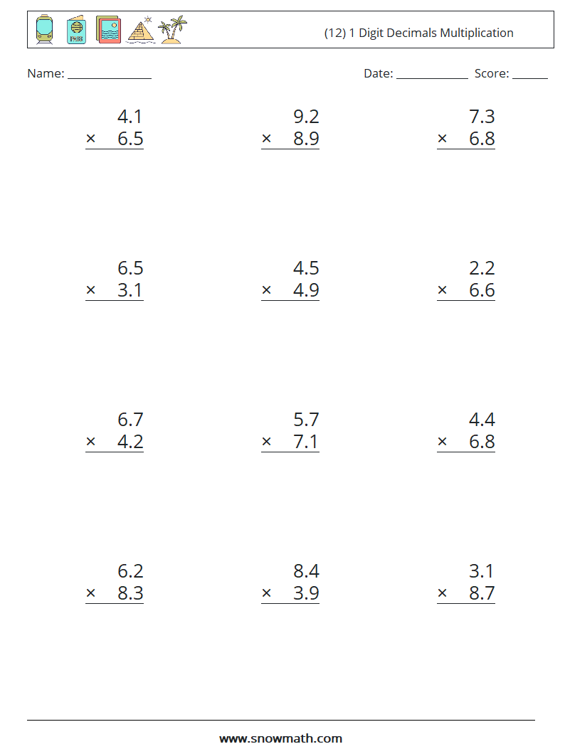 (12) 1 Digit Decimals Multiplication