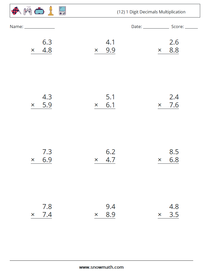 (12) 1 Digit Decimals Multiplication Math Worksheets 11