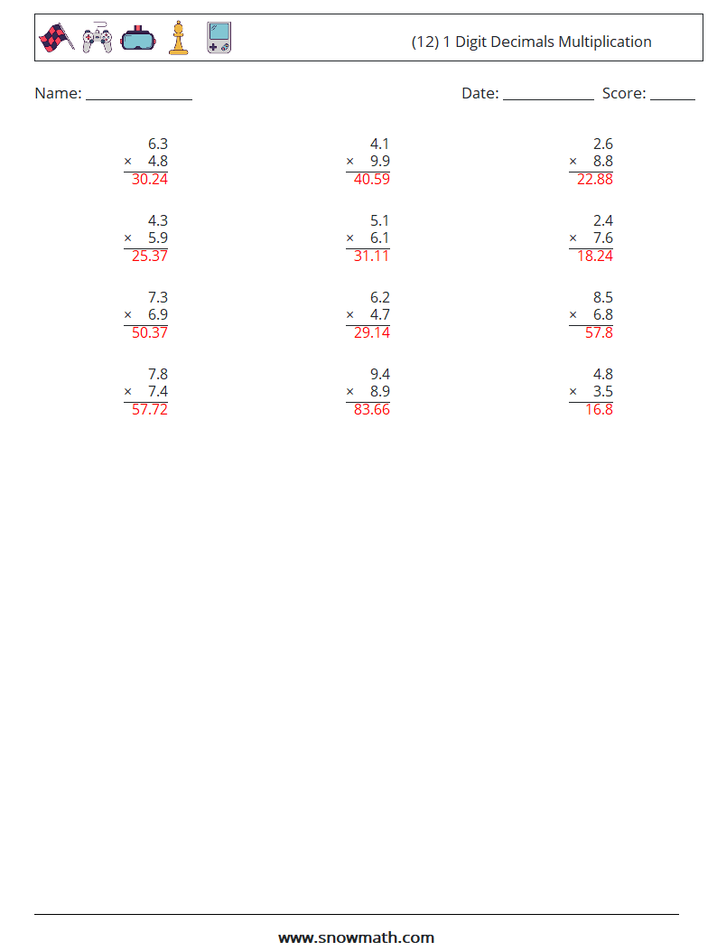 (12) 1 Digit Decimals Multiplication Math Worksheets 11 Question, Answer