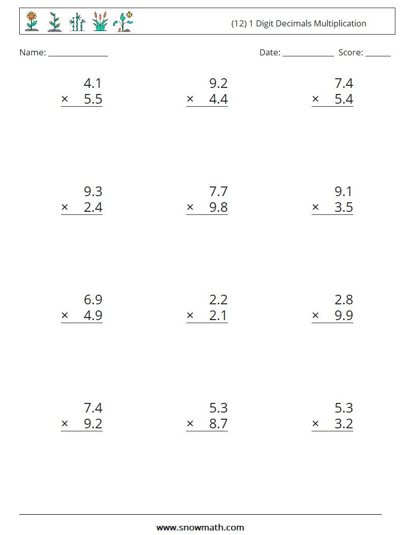 (12) 1 Digit Decimals Multiplication Maths Worksheets 12
