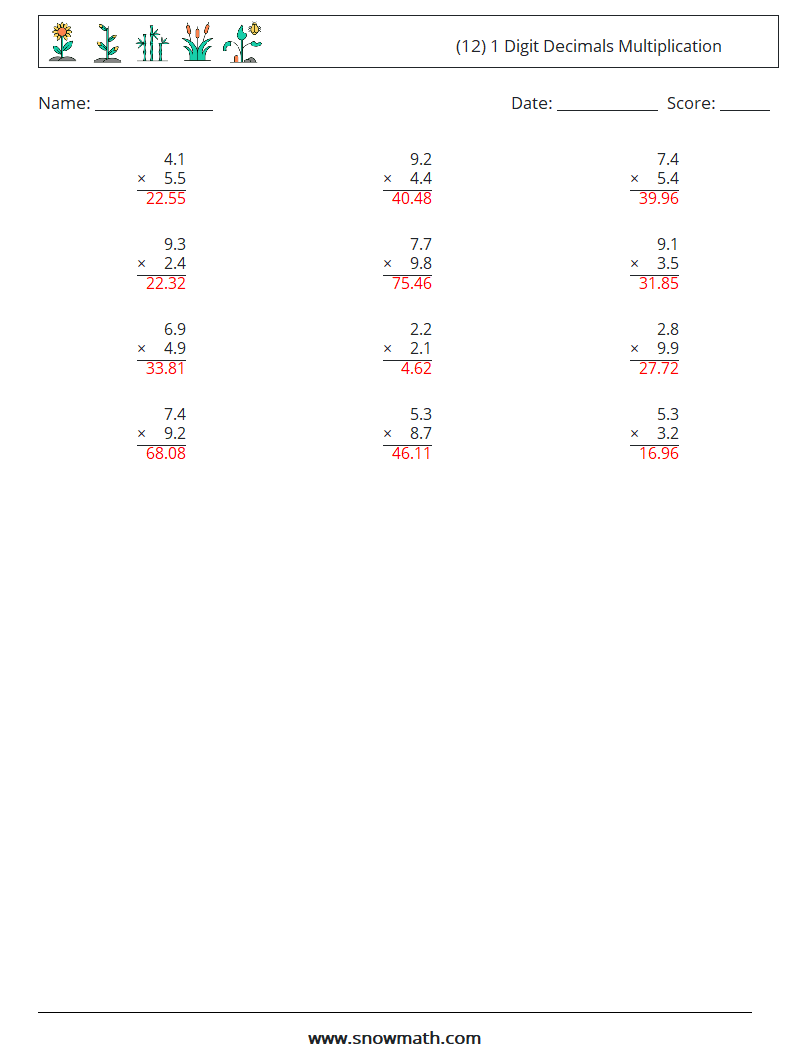 (12) 1 Digit Decimals Multiplication Math Worksheets 12 Question, Answer