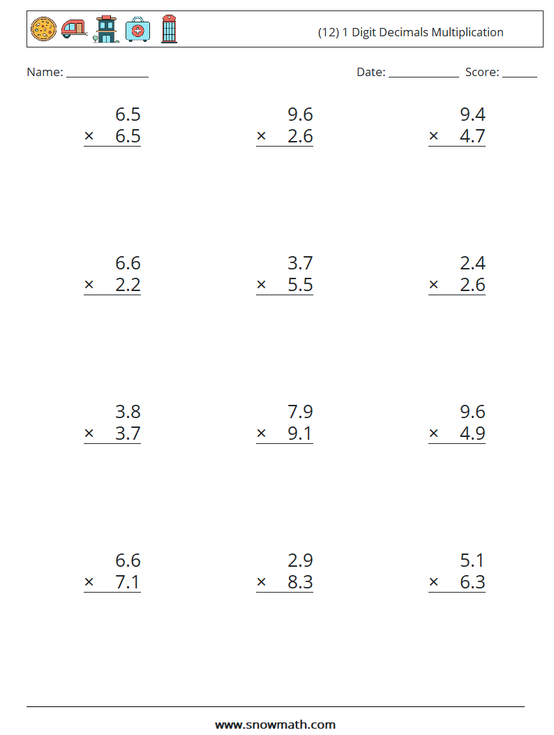 (12) 1 Digit Decimals Multiplication Math Worksheets 13