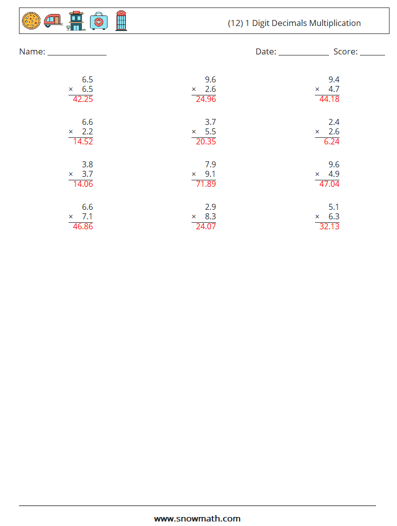 (12) 1 Digit Decimals Multiplication Math Worksheets 13 Question, Answer