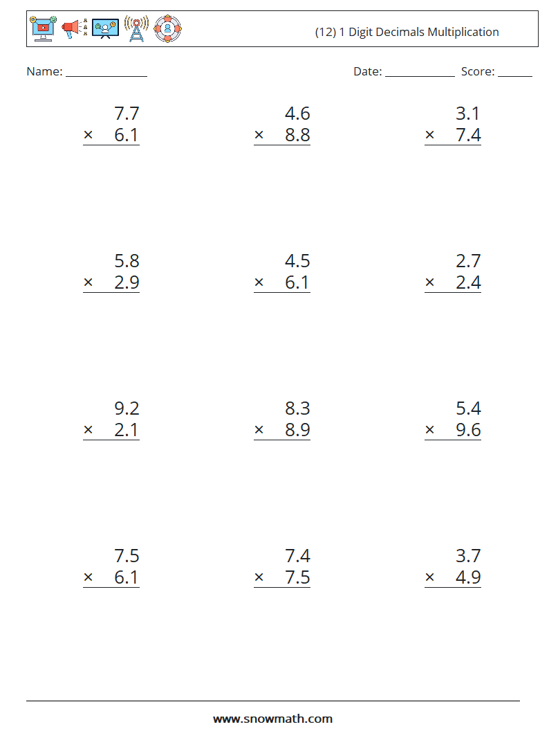 (12) 1 Digit Decimals Multiplication Math Worksheets 15
