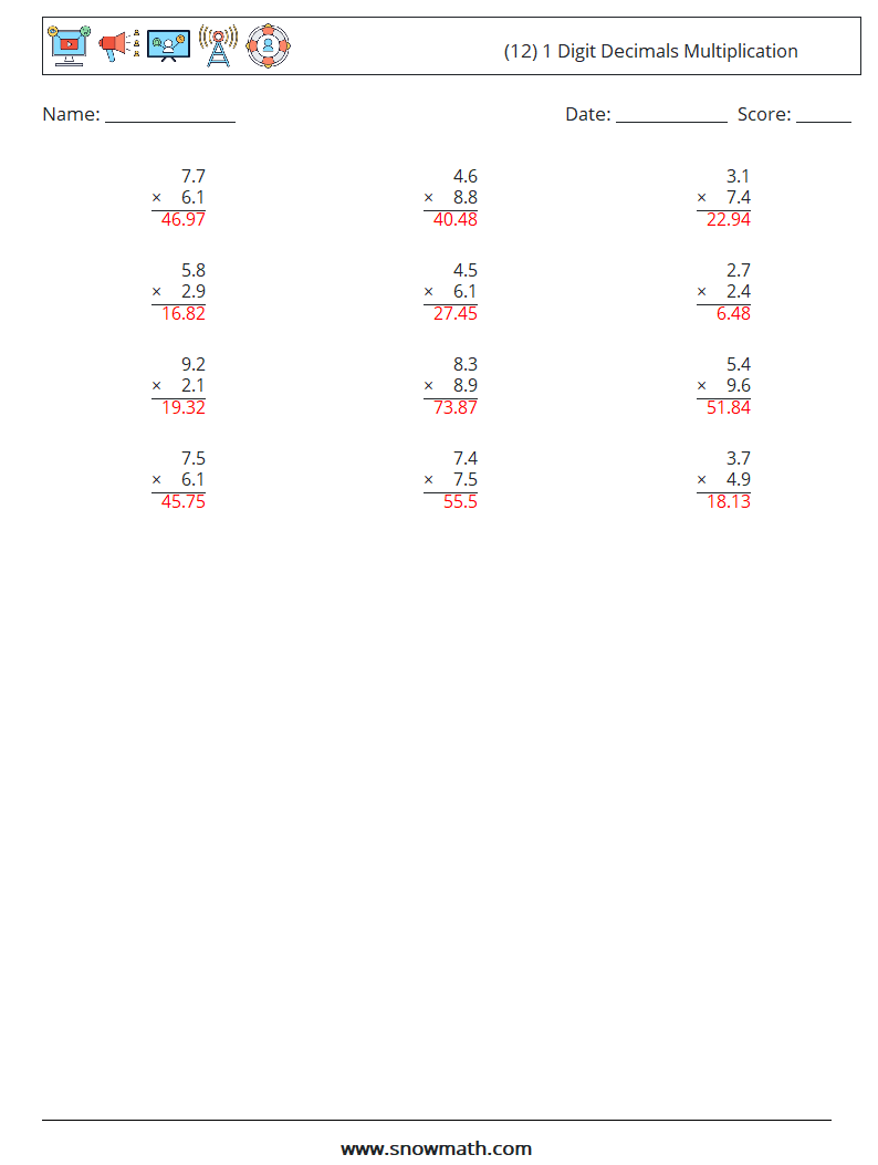 (12) 1 Digit Decimals Multiplication Math Worksheets 15 Question, Answer