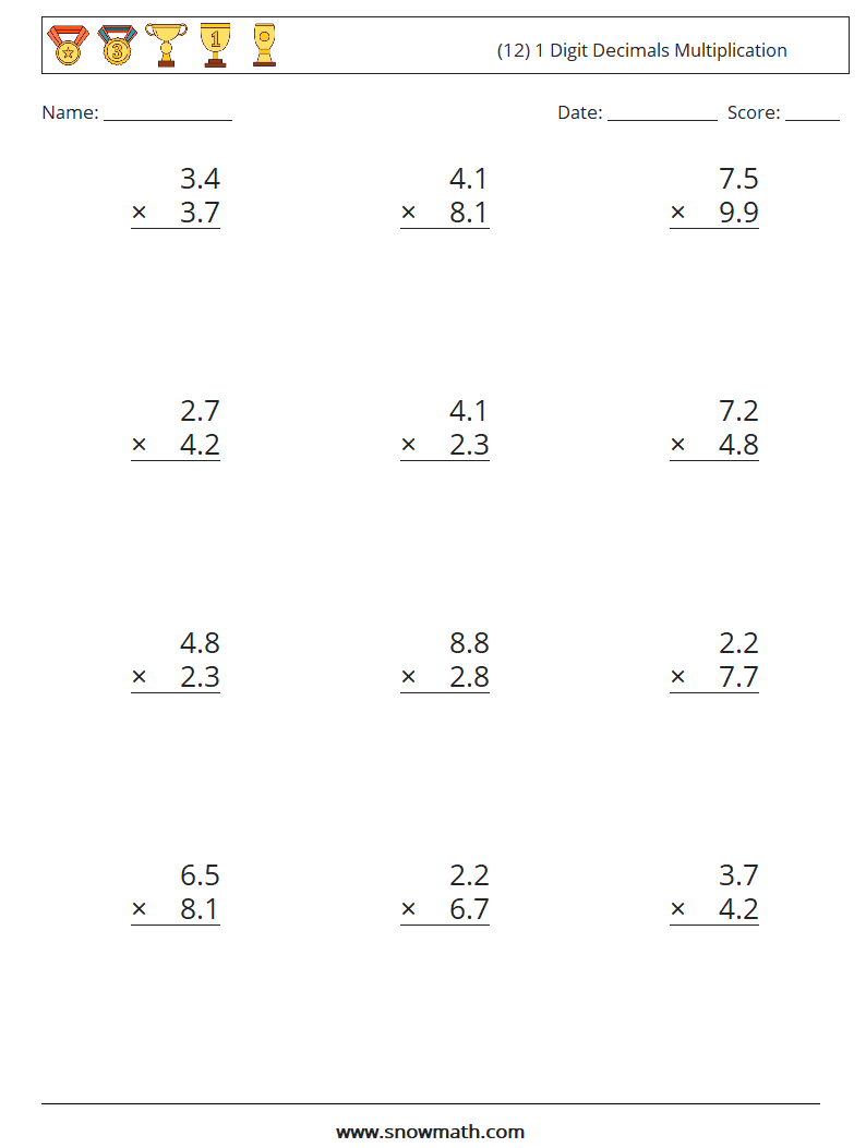 (12) 1 Digit Decimals Multiplication Maths Worksheets 16