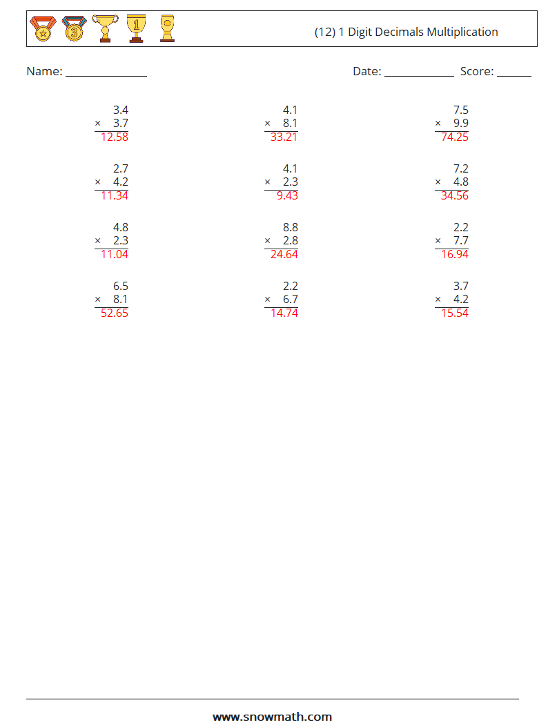 (12) 1 Digit Decimals Multiplication Math Worksheets 16 Question, Answer