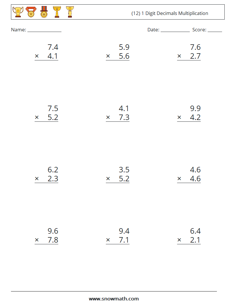 (12) 1 Digit Decimals Multiplication Maths Worksheets 17