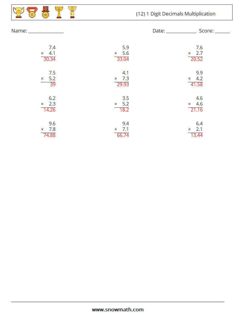 (12) 1 Digit Decimals Multiplication Math Worksheets 17 Question, Answer