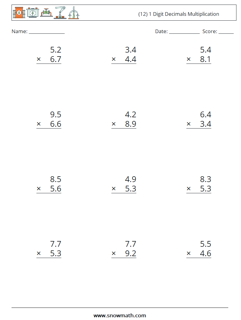 (12) 1 Digit Decimals Multiplication Maths Worksheets 18