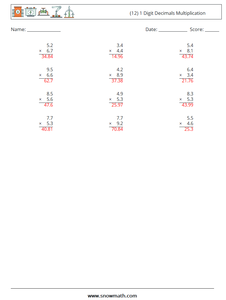 (12) 1 Digit Decimals Multiplication Math Worksheets 18 Question, Answer
