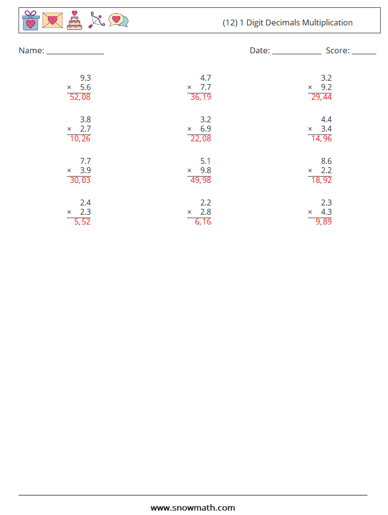 (12) 1 Digit Decimals Multiplication Math Worksheets 2 Question, Answer