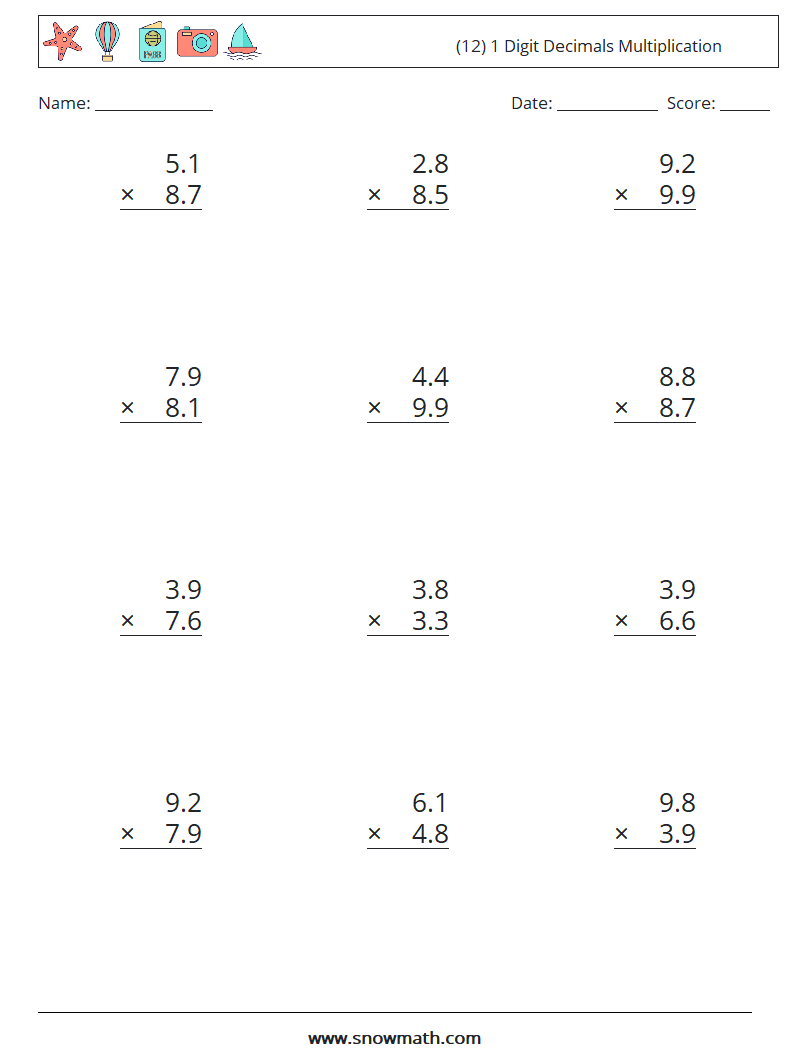 (12) 1 Digit Decimals Multiplication Maths Worksheets 3