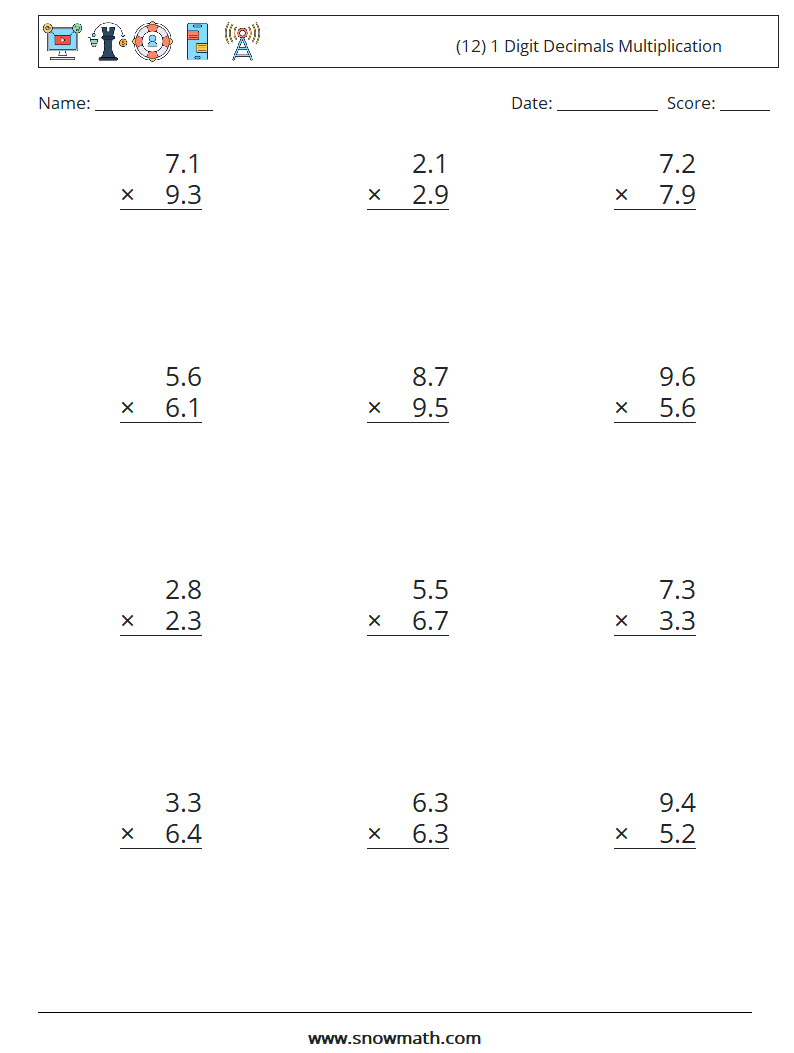 (12) 1 Digit Decimals Multiplication Math Worksheets 5