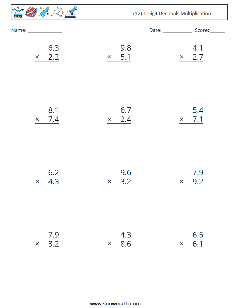 (12) 1 Digit Decimals Multiplication Maths Worksheets 6