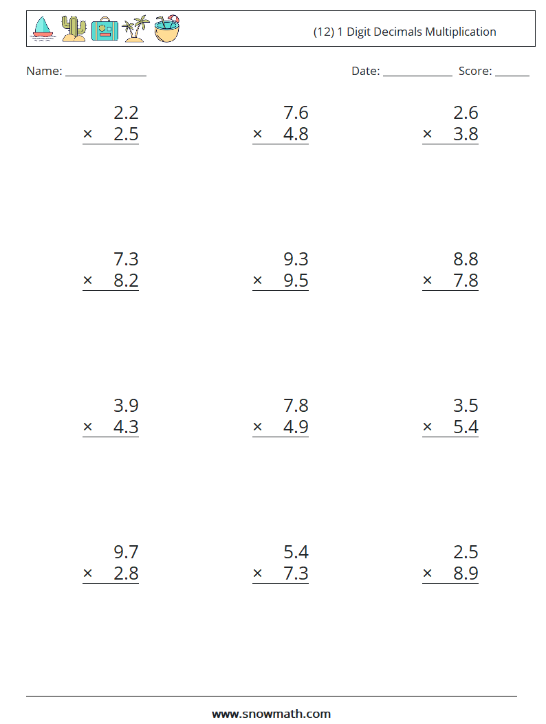 (12) 1 Digit Decimals Multiplication Math Worksheets 7