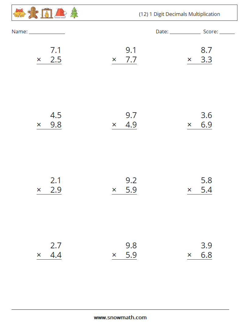 (12) 1 Digit Decimals Multiplication Math Worksheets 8