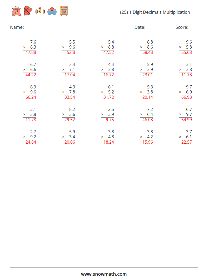 (25) 1 Digit Decimals Multiplication Math Worksheets 11 Question, Answer
