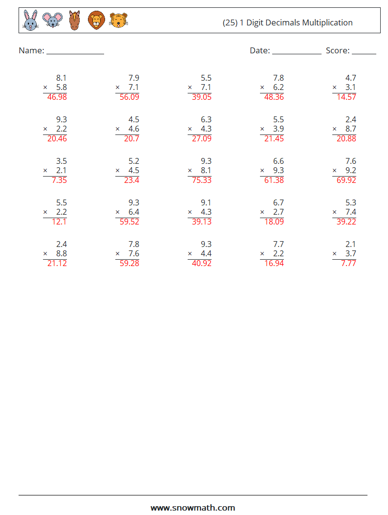 (25) 1 Digit Decimals Multiplication Math Worksheets 12 Question, Answer