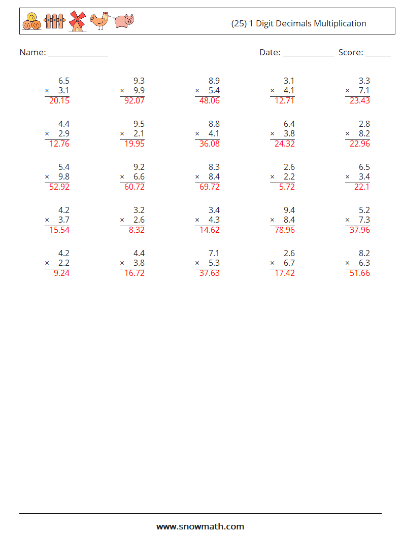 (25) 1 Digit Decimals Multiplication Math Worksheets 13 Question, Answer