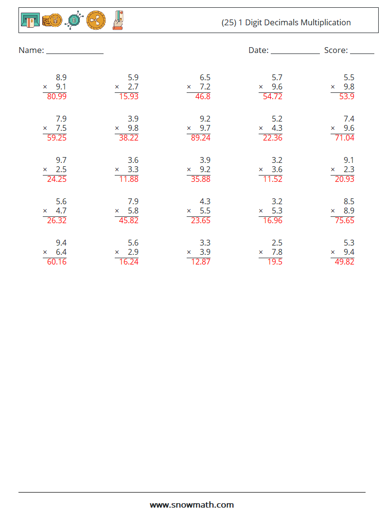 (25) 1 Digit Decimals Multiplication Math Worksheets 15 Question, Answer
