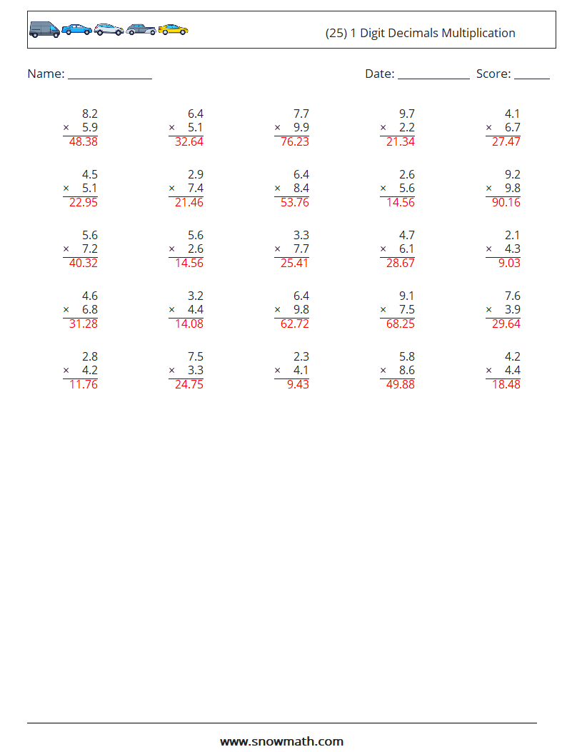 (25) 1 Digit Decimals Multiplication Math Worksheets 17 Question, Answer