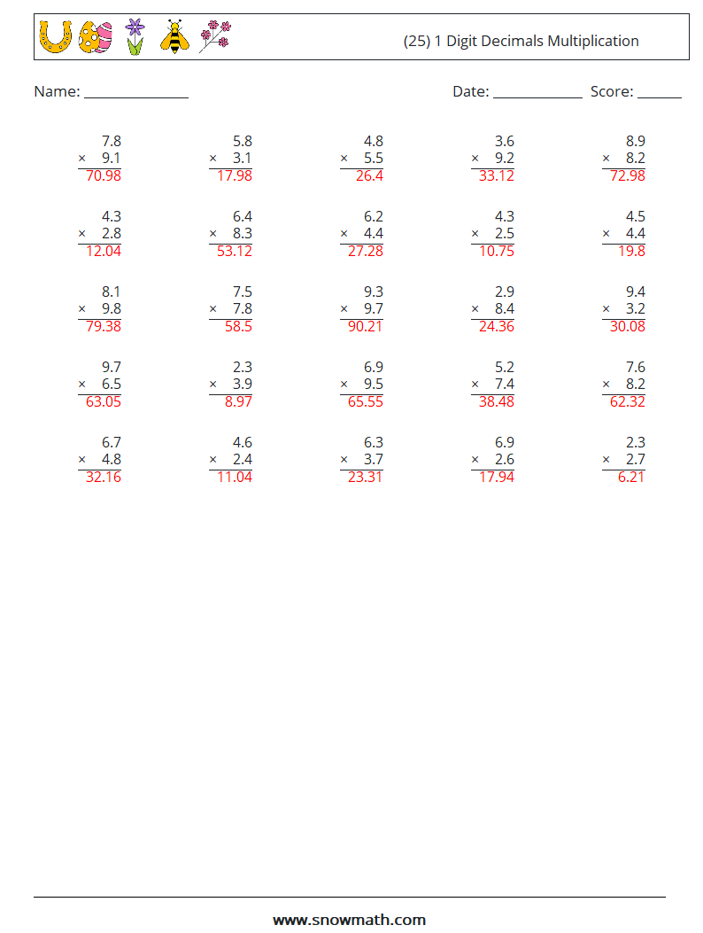 (25) 1 Digit Decimals Multiplication Math Worksheets 18 Question, Answer