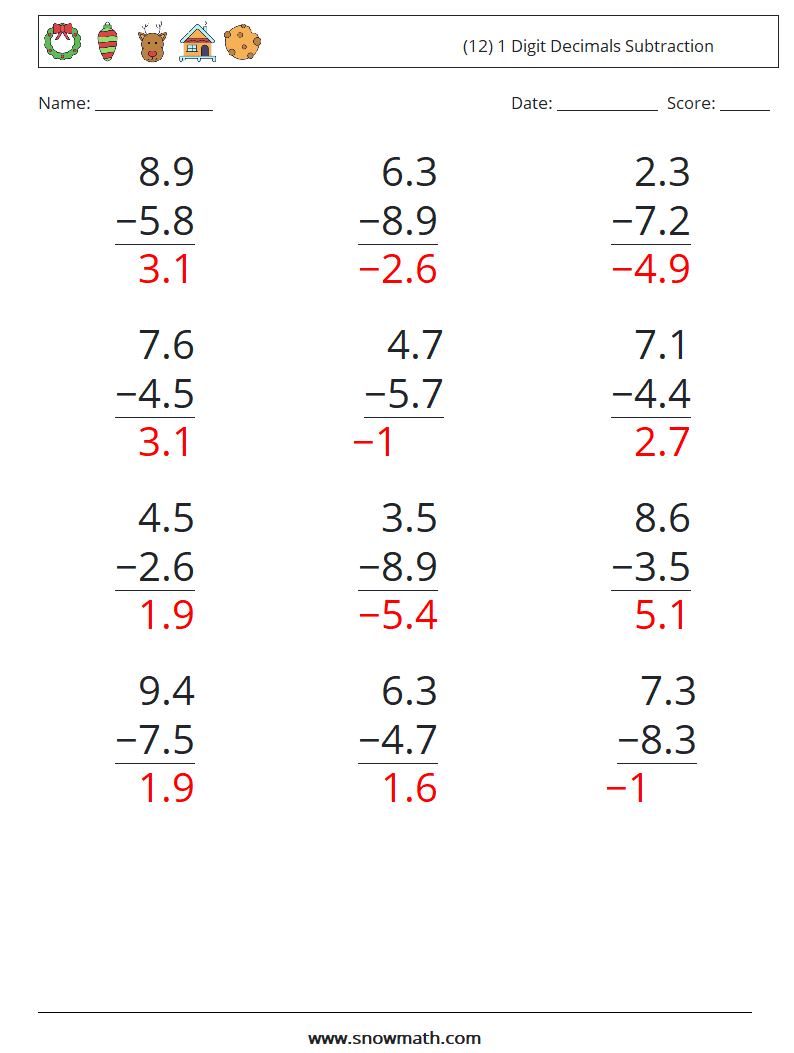 (12) 1 Digit Decimals Subtraction Math Worksheets 15 Question, Answer