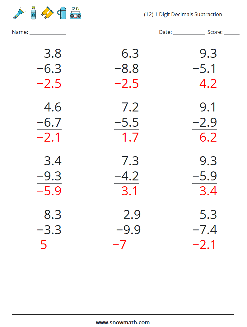 (12) 1 Digit Decimals Subtraction Math Worksheets 17 Question, Answer