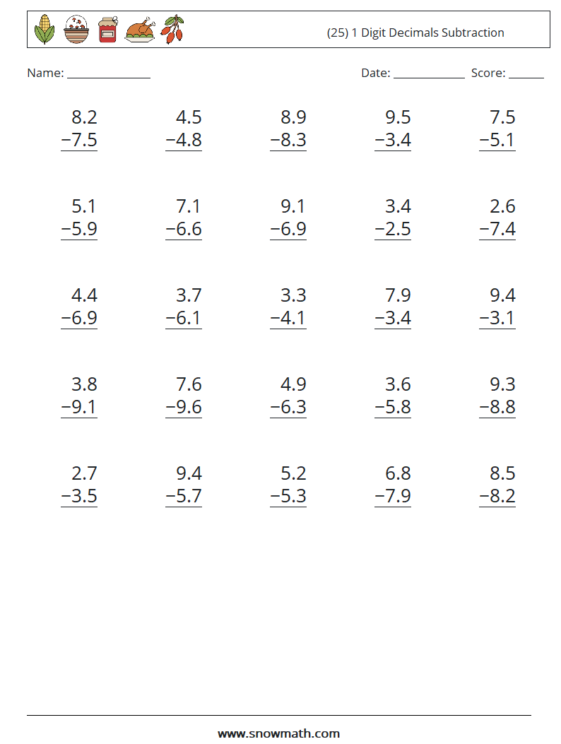 (25) 1 Digit Decimals Subtraction Math Worksheets 12