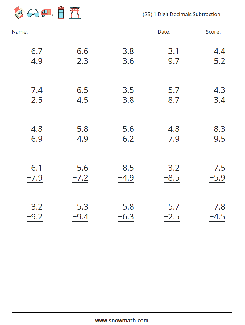 (25) 1 Digit Decimals Subtraction Maths Worksheets 13