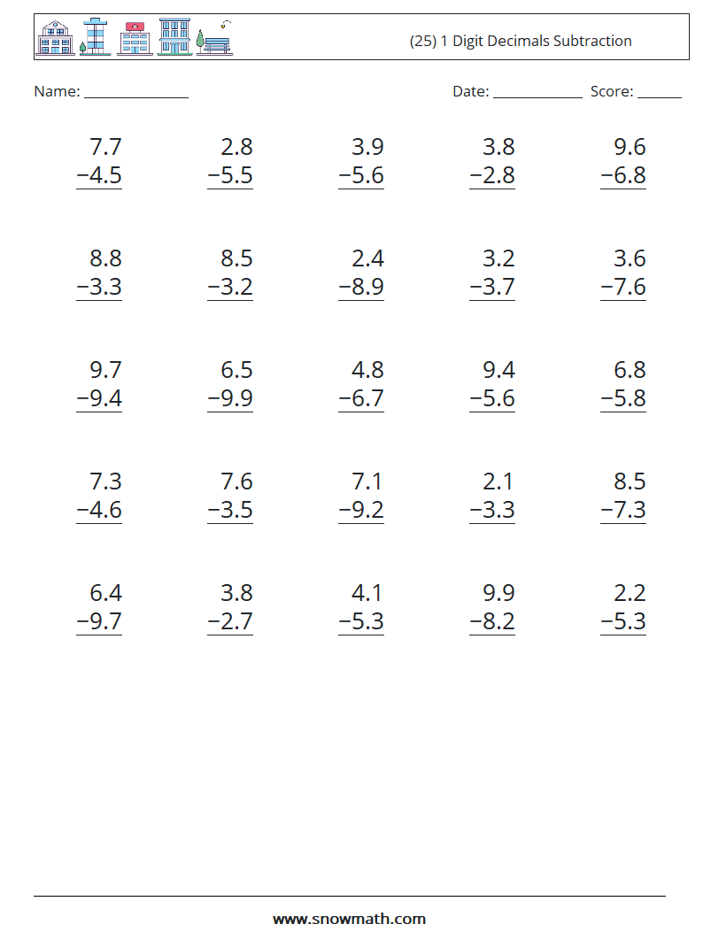 (25) 1 Digit Decimals Subtraction Maths Worksheets 14