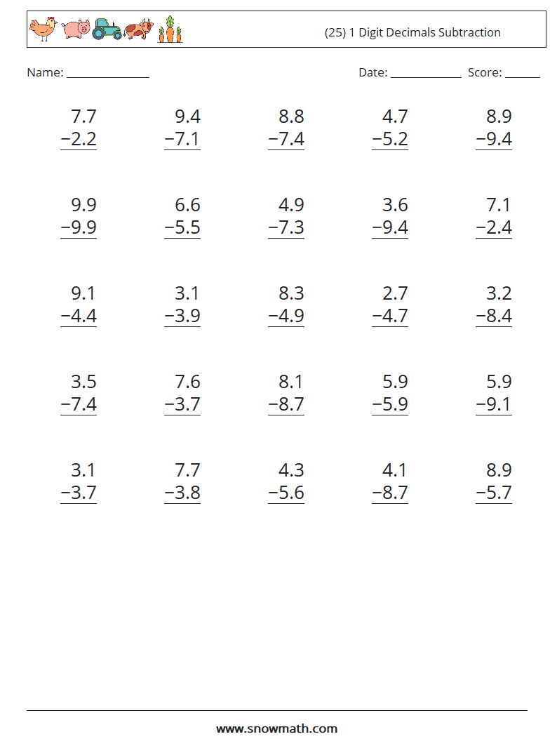 (25) 1 Digit Decimals Subtraction Math Worksheets 15