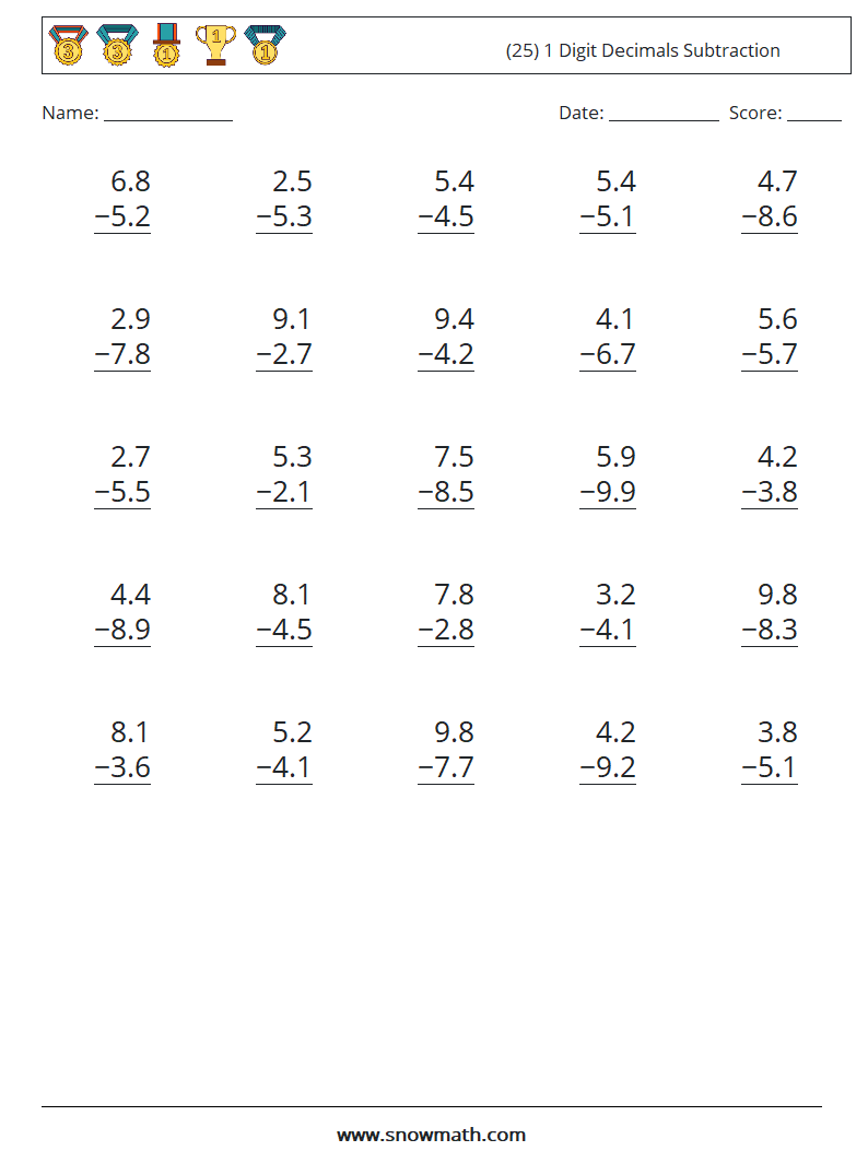 (25) 1 Digit Decimals Subtraction Math Worksheets 16