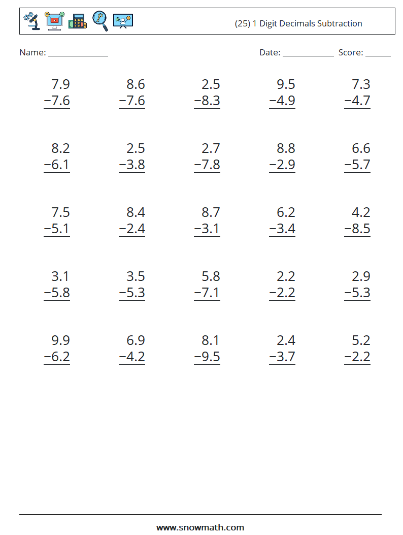 (25) 1 Digit Decimals Subtraction Math Worksheets 17