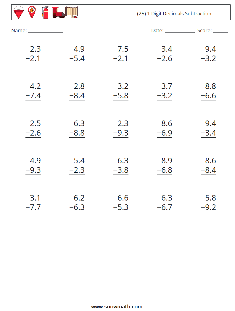 (25) 1 Digit Decimals Subtraction Math Worksheets 18