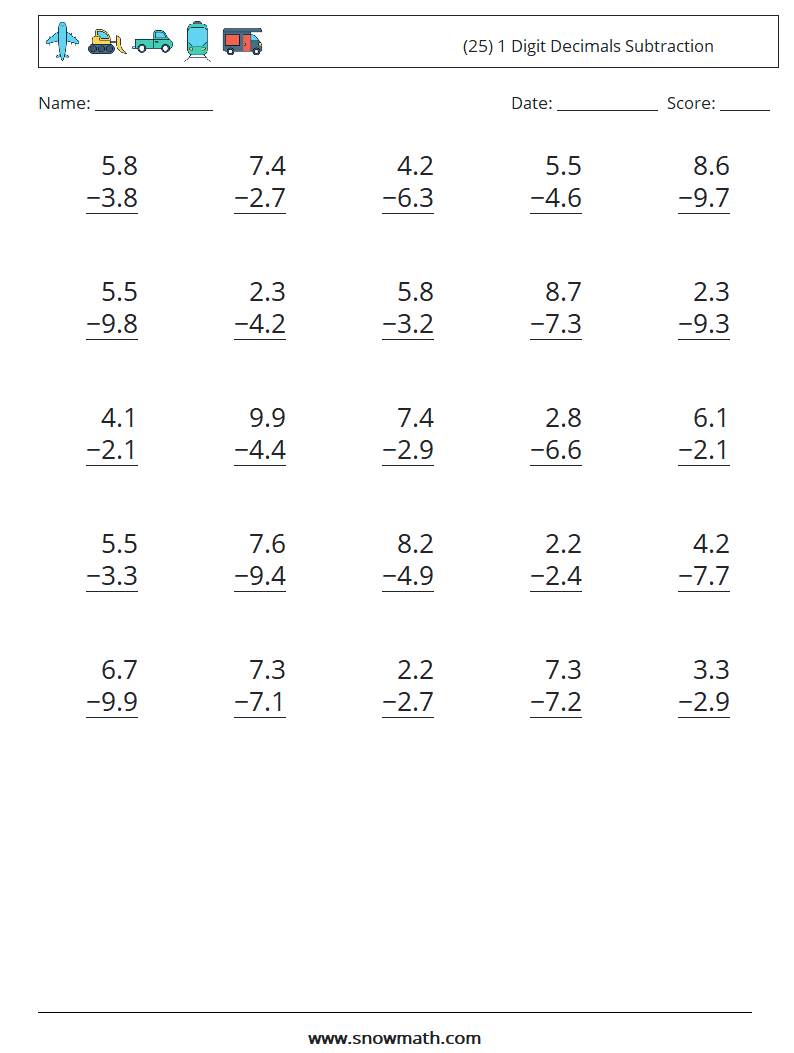 (25) 1 Digit Decimals Subtraction Maths Worksheets 2