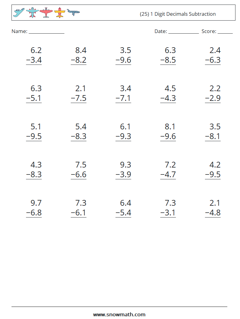 (25) 1 Digit Decimals Subtraction Math Worksheets 3