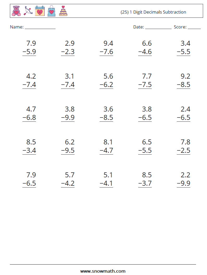 (25) 1 Digit Decimals Subtraction Math Worksheets 6