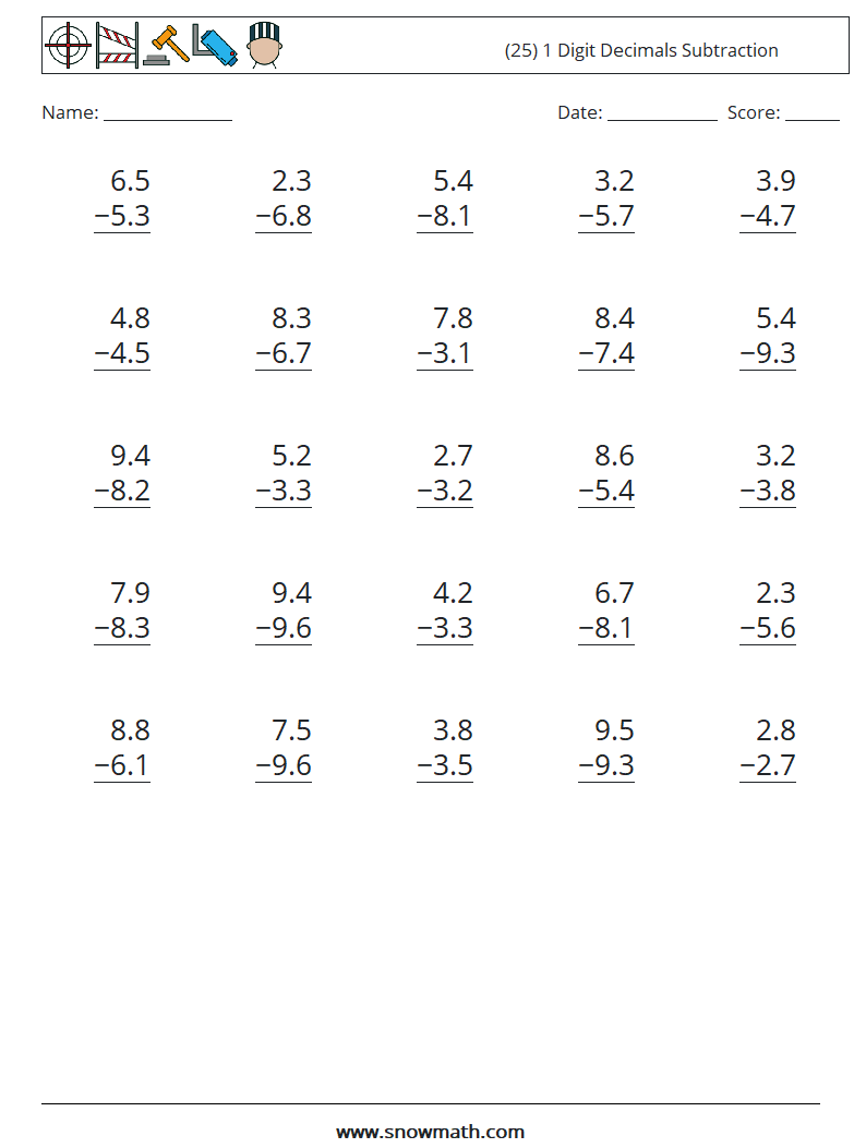 (25) 1 Digit Decimals Subtraction Math Worksheets 7