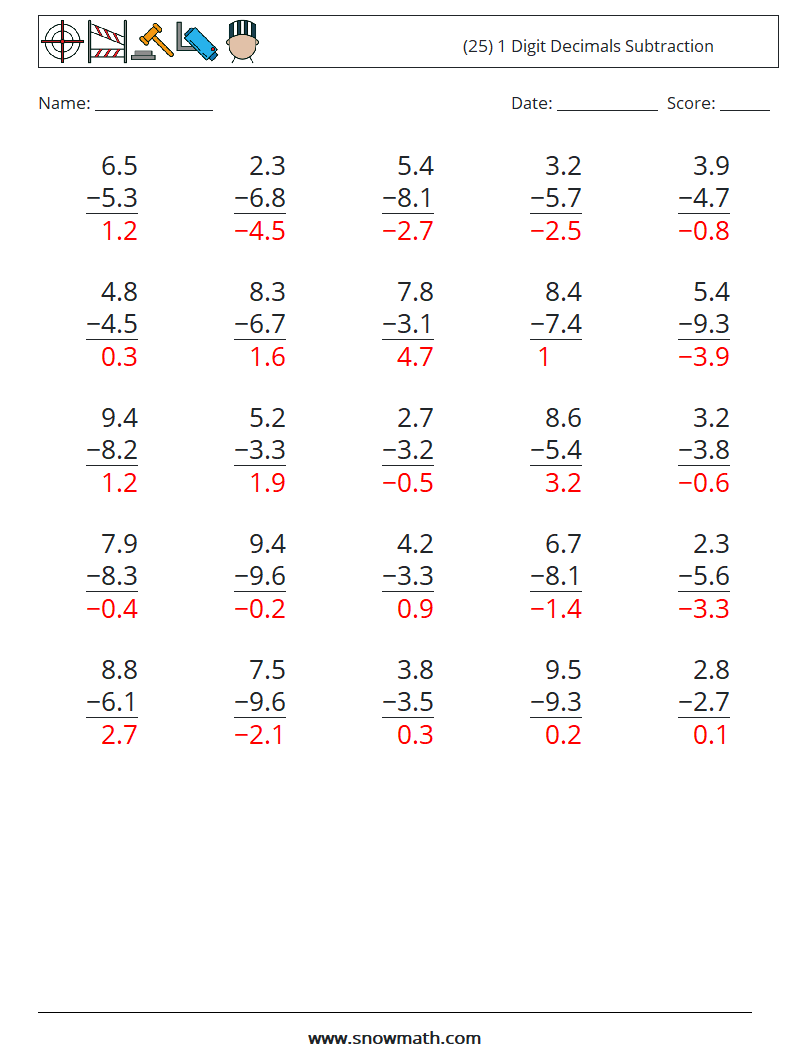 (25) 1 Digit Decimals Subtraction Math Worksheets 7 Question, Answer