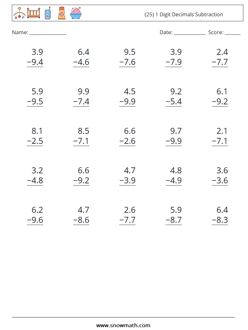 (25) 1 Digit Decimals Subtraction Math Worksheets 8