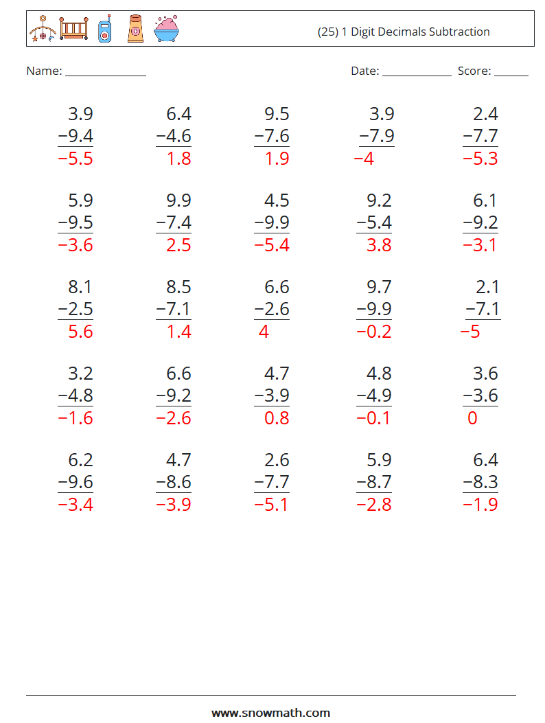 (25) 1 Digit Decimals Subtraction Math Worksheets 8 Question, Answer