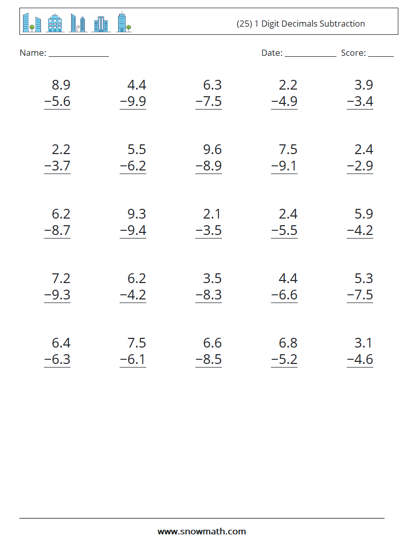 (25) 1 Digit Decimals Subtraction Math Worksheets 9
